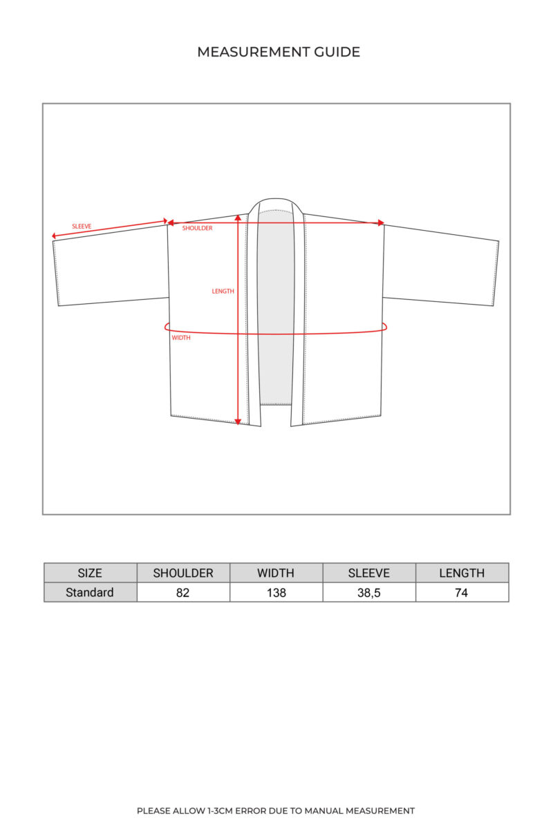 This image illustrates a size guide for kimono, including a diagram and a measurement table. The diagram shows the measurements for the waist, hips, and length of the pants with red arrows indicating the dimensions. The size table below the diagram provides detailed information on the measurements for different kimono sizes, ranging from size 34 to size 42. The measurements for the sleeve and length are indicated in centimeters. A note at the bottom specifies that there may be a margin of error of 1 to 3 cm due to manual measurement. The text "MEASUREMENT GUIDE" is displayed at the top of the image to indicate that this is a size guide.